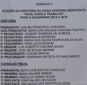 Nova diretoria e conselho fiscal da União Operária eleita para o quadriênio 2015-2019